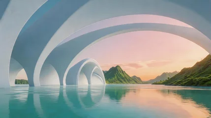 Fototapete Reflection This minimalist architectural scene features repeating white arched structures standing in a tranquil turquoise lake, with lush green mountains and pastel sunset sky reflected in the still water.  © 沈军 贡