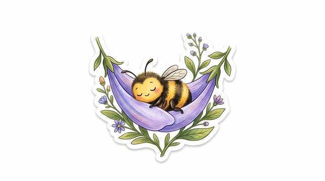 Adorable bumblebee sleeping peacefully in a purple flower petal hammock sticker illustration with botanical elements on white background