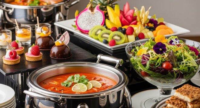 A luxurious hotel buffet spread featuring gourmet dishes in silver chafing dishes, vibrant salads, fresh fruits, and artisanal desserts, hotel, culinary, feast