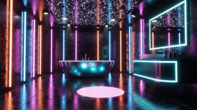 Futuristic bathroom with neon lights and starry ceiling