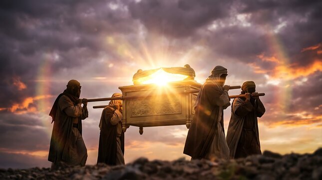 Ancient ark of covenant carried by men in robes across desert landscape with bright sunbeams and rainbow against dramatic cloudy sky symbolizing religious journey and divine presence in ancient times.