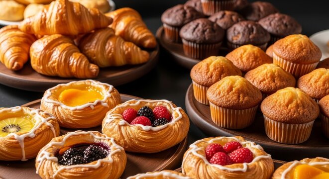 Freshly baked golden croissants, fruit danishes, and muffins displayed on wooden platters at a luxurious hotel morning breakfast buffet station, morning, catering, tray