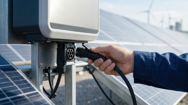Close up of hand connecting cable to solar inverter box, installation of photovoltaic system equipment.