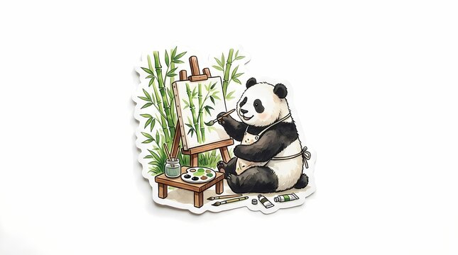 Whimsical Panda Artist Joyfully Expressing Creative Spirit, Painting Serene Green Bamboo on a Canvas, a Charming Hobby Illustration