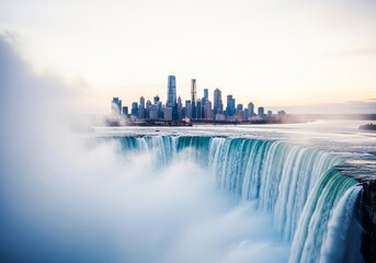Fototapeta premium Colossal waterfall cascades from clouds over a vast urban metropolis, dwarfing skyscrapers with immense power, mist, and surreal scale, reflection, water, skyline