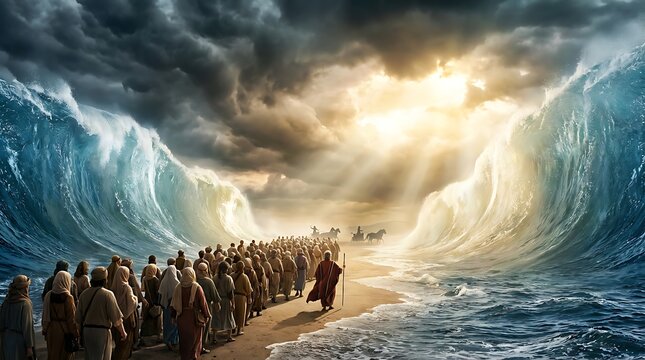 Moses leads Israelites through parted Red Sea with towering waves on either side a divine miracle.