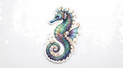 Fototapeta premium A stunning, whimsical illustration of a seahorse with pearlescent scales and intricate details, adorned with tiny pearls and bubbles, creating a magical underwater fantasy scene