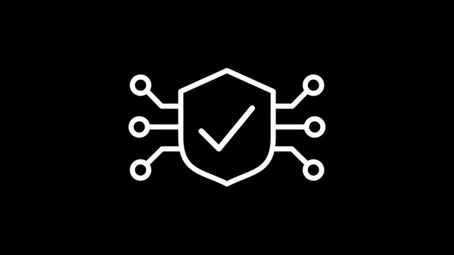 White line icon of a digital shield with a checkmark and circuit board connections representing cybersecurity and verified data protection on a black background.
