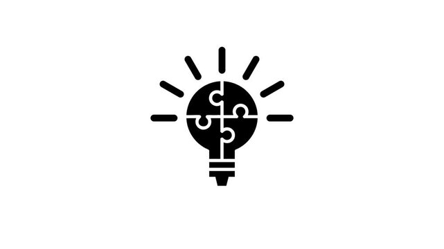 light bulb icon composed of jigsaw puzzle pieces with radiating light rays, symbolizing a creative solution or a completed idea on a white background.
