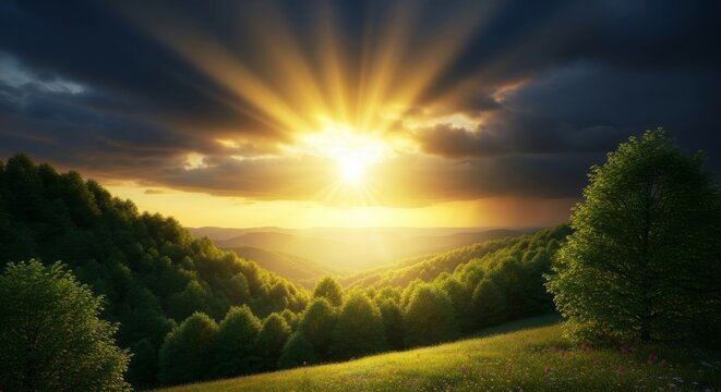 Dramatic landscape featuring intense golden sunlight piercing through dark storm clouds over a deep emerald forest and bright valley below, dramatic, weather, vibrant