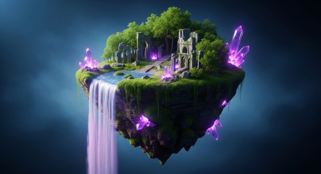 A floating miniature island features a cascading waterfall, glowing purple crystals, and ancient stone ruins nestled within a lush forest, glowing, fantasy world, stones