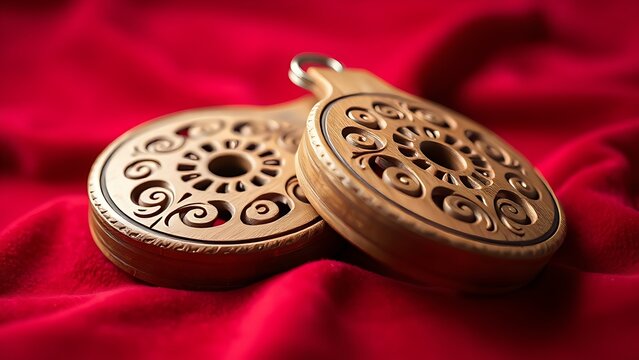 A pair of intricately carved wooden castanets resting on a rich red velvet fabric in close view.