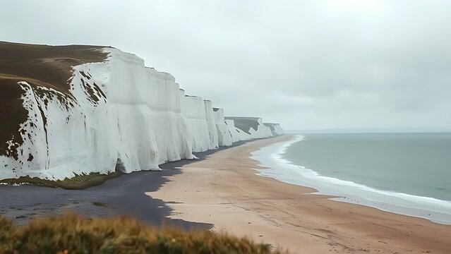 Dover white cliffs and expansive coastline, overcast weather, cinematic landscape.