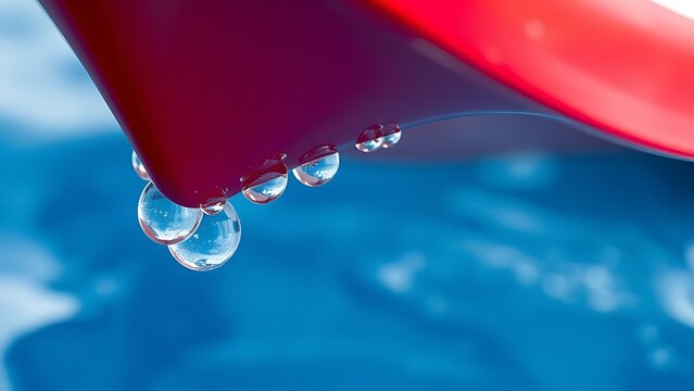Close-up of a red waterski underside with water droplets on a blurred blue background.
