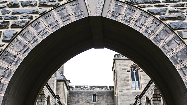 The central keystone of a stone arch bridge, detailed stone texture.