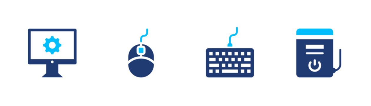 Computer peripherals icon set. mouse, keyboard, monitor, hardware, device. solid style icon collection.