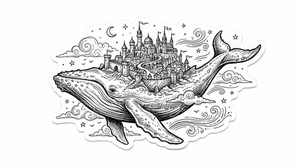 Naklejka premium Whimsical Flying Whale Carrying a Magical Kingdom Castle on Its Back Fantasy Line Art Illustration for Creative Design Projects