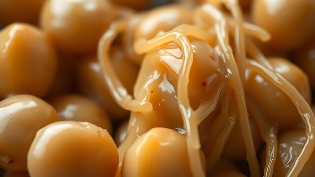 Extreme close-up of fermented soybeans with glossy, stringy mucus coating.