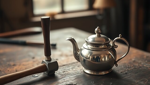 A small hammer shaping a silver teapot on a worn workbench, intricate marks in soft light.