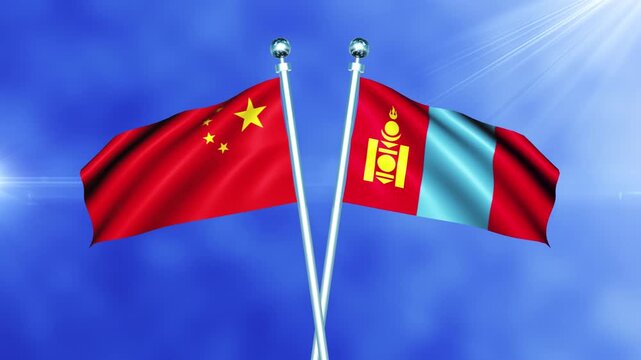China and Mongolia Flag Waving On Pole Loop