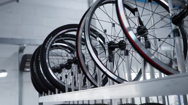 Wheel lined up in cycle factory. Man places new wheel on rack