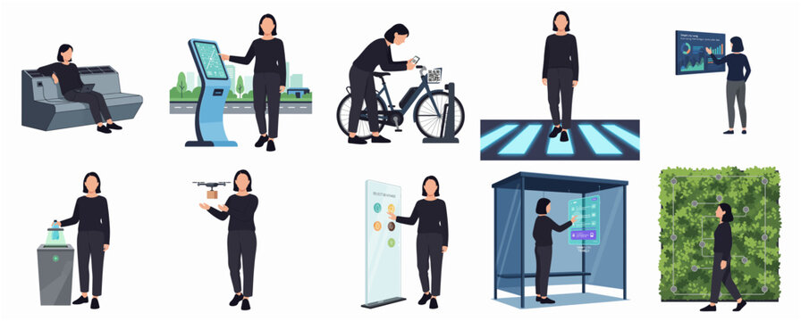 Modern City Life Technology Integration Abstract Scene Collection Featuring Woman Interacting with Smart Objects and Future Concepts