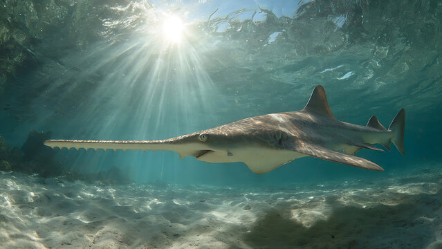 Sawfish Swimming in Clear Tropical Water with Sunlight Rays