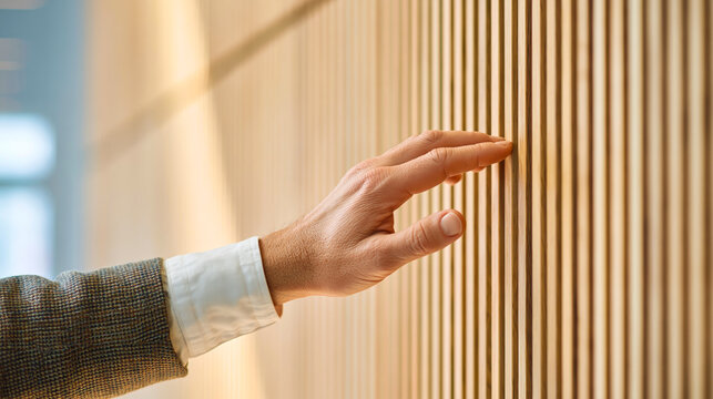 Architect hand touching vertical wooden wall panels in office
