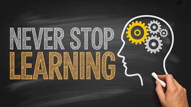 Never stop learning concept with head silhouette and gear illustration on chalkboard background