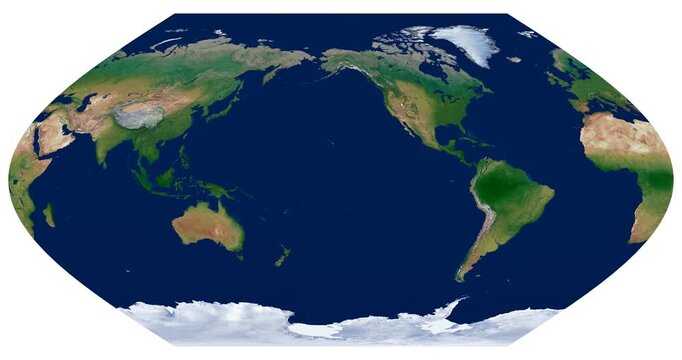 World Map. Eckert V projection animation with longitude rotation. High detail physical map. Compromise world view with slightly flattened poles.