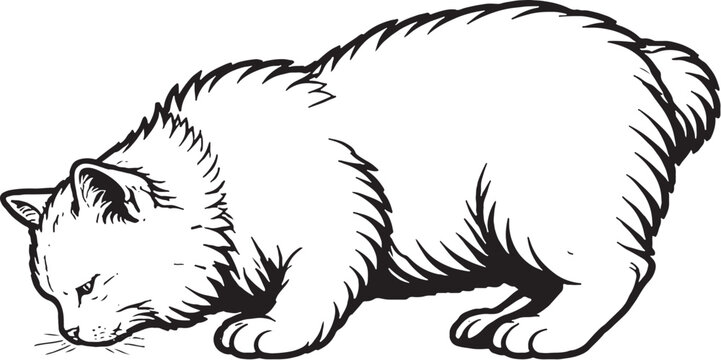 Cymric cat drinking posture side view fluffy tailless cat black and white line art illustration