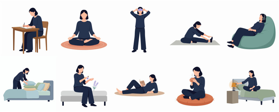Diverse Flat Design Lifestyle Scenes of a Woman Performing Daily Activities and Self Care Routines
