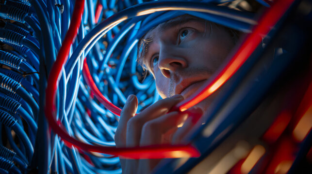 Network engineer managing complex ethernet data cabling in server room