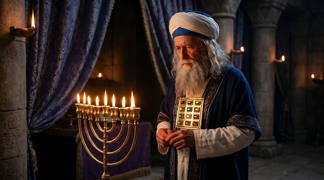 Hebrew high priest in traditional vestments looking down at lit golden candelabra inside dark stone temple chamber with blue curtains and oil lamps representing ancient israelite law.