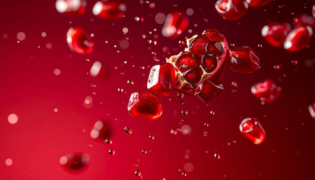 Explosion of fresh pomegranate seeds and droplets captured in mid-air against a vibrant red backdrop