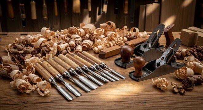 Assortment of woodworking chisels and wood shavings on a rustic table