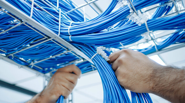 Technician hands organizing blue network cables in data center