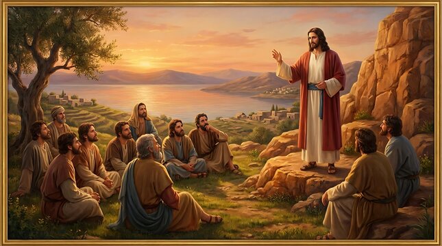 Oil painting style illustration showing jesus christ preaching to followers on grassy hill overlooking coastal village at sunset with rocky terrain and mediterranean landscape scenery.