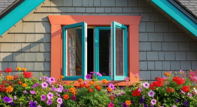 Charming Dormer Attic Window with Bright Teal and Coral Painted Frame and Abundant Flowers Below
