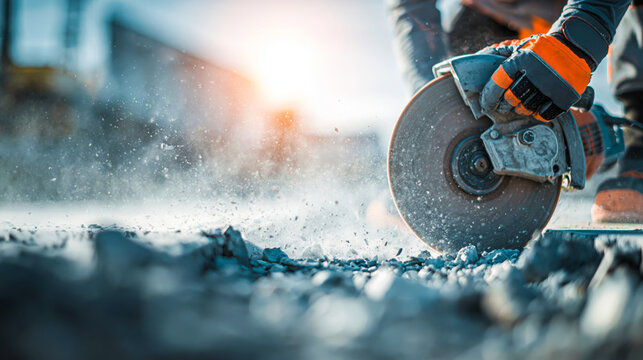 Construction worker cutting concrete floor with circular saw on site
