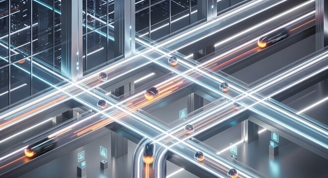Futuristic urban transportation system with glowing orbs and high speed light trails on multilevel roads