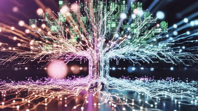 Glowing digital tree made of circuit boards and light