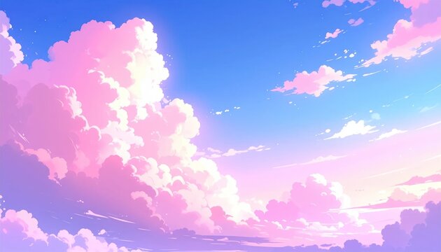 Pastel-hued clouds drift against a vibrant gradient sky, an anime-inspired serene scene