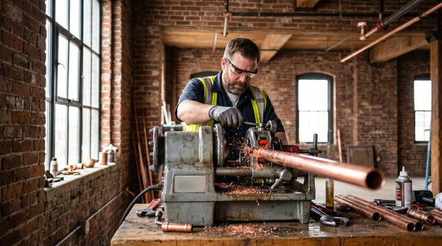 Contractor threading copper pipe for fire sprinkler system installation