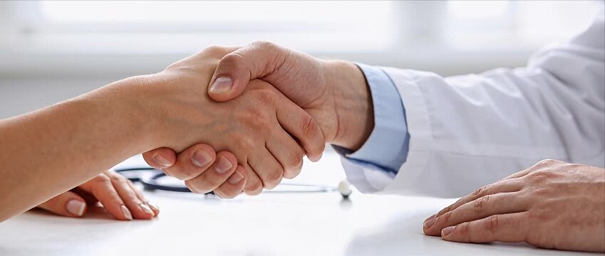 Doctor patient handshake agreement clinic building trust through medicine consultation partnership and support for healthcare appointment teamwork success people cooperation closeup hand therapy cure