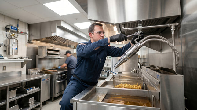 Fire suppression technician inspecting kitchen hood nozzle with wrench