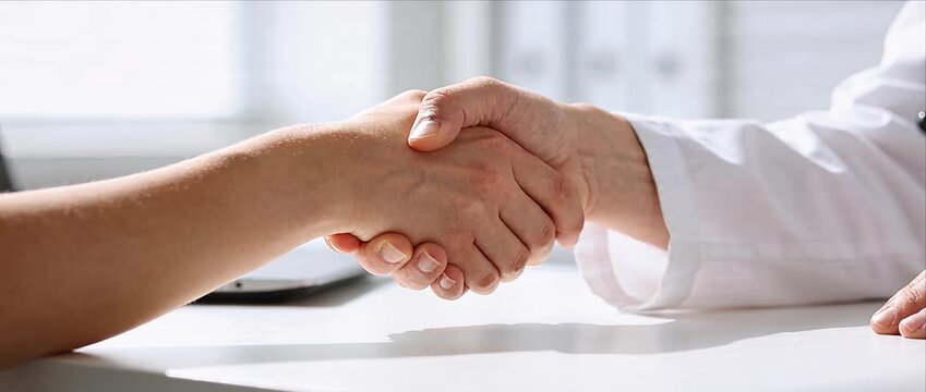 Handshake doctor patient agreement trust clinic consultation medical professional support healthcare partnership success deal cooperation teamwork connection understanding commitment assistance