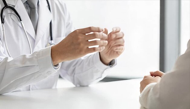 Empathetic doctor hand gesture consultation medical patient healthcare clinic professional advice and support trust discussion appointment diagnosis treatment medicine stethoscope uniform explanation
