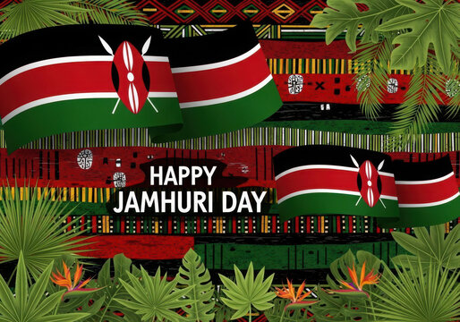 Happy jamhuri day illustration with kenyan flags traditional patterns tropical foliage independence celebration
