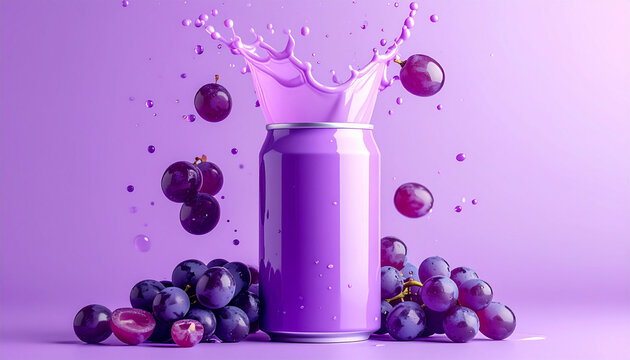 Vibrant grape splash erupting from a purple can, with fresh grapes scattered around, creating a refreshing and energetic beverage advertisement